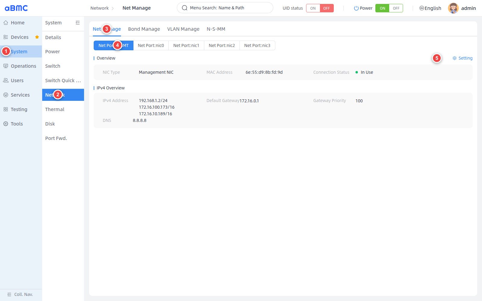 进入 BMC 网络管理页面：1 选择 System，2 选择 Network，3 选择 Net Manage，4 选择网口，5 打开设置
