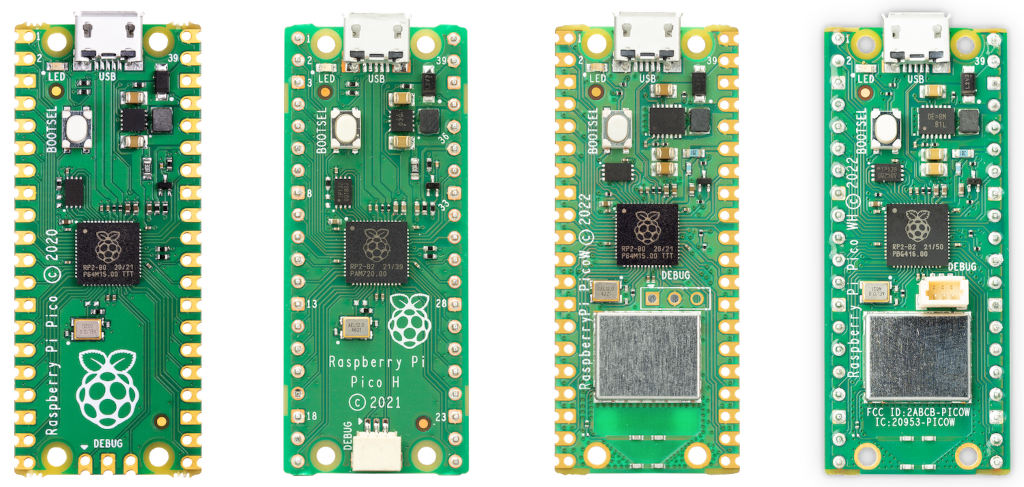 四种 Raspberry Pi Pico 变体;从左到右:Raspberry Pi Pico、Raspberry Pi Pico H、Raspberry Pi Pico W 和 Raspberry Pi Pico WH