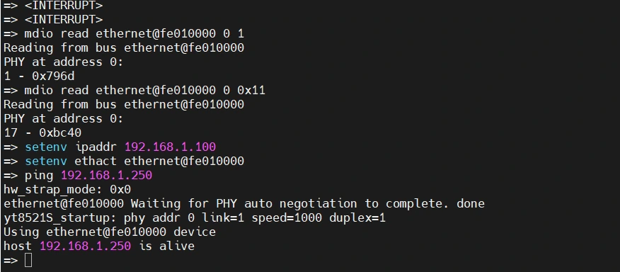 YT8521S U-Boot ping 成功结果