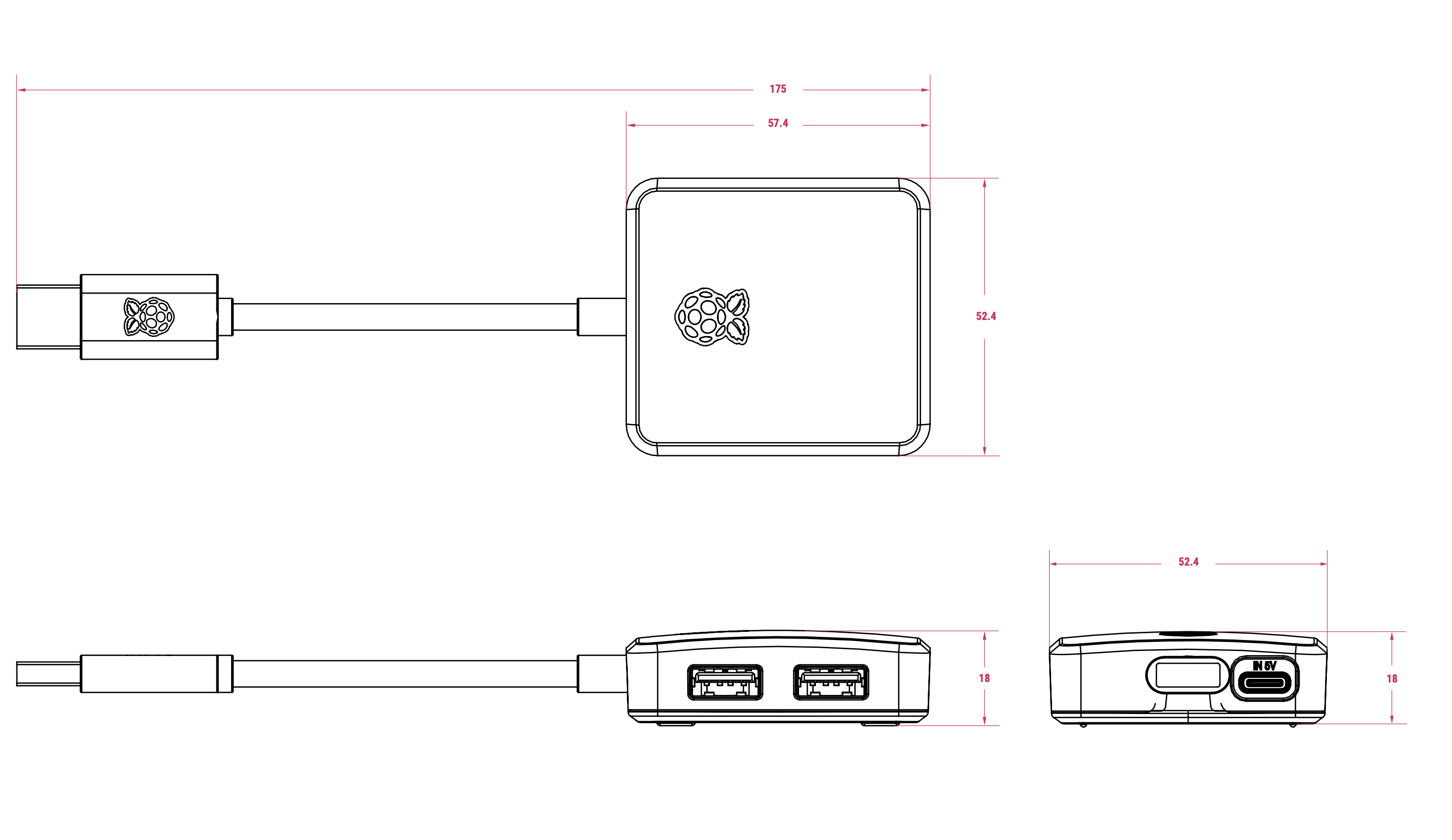 树莓派USB3集线器机械示意图;所有尺寸均为毫米(mm)单位近似值;所示尺寸可能变更,不可用于生产设计