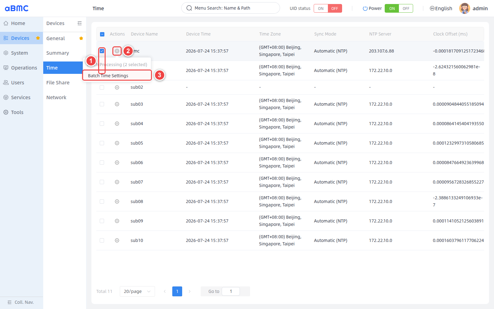 Open bulk time settings
