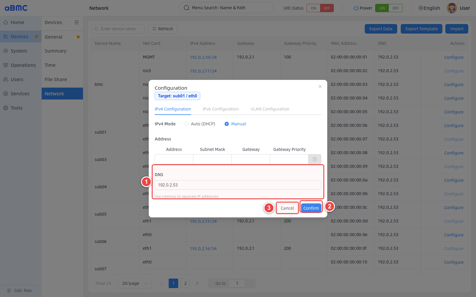 Configure the DNS field of the currently selected NIC: 1 DNS, 2 confirm, 3 cancel