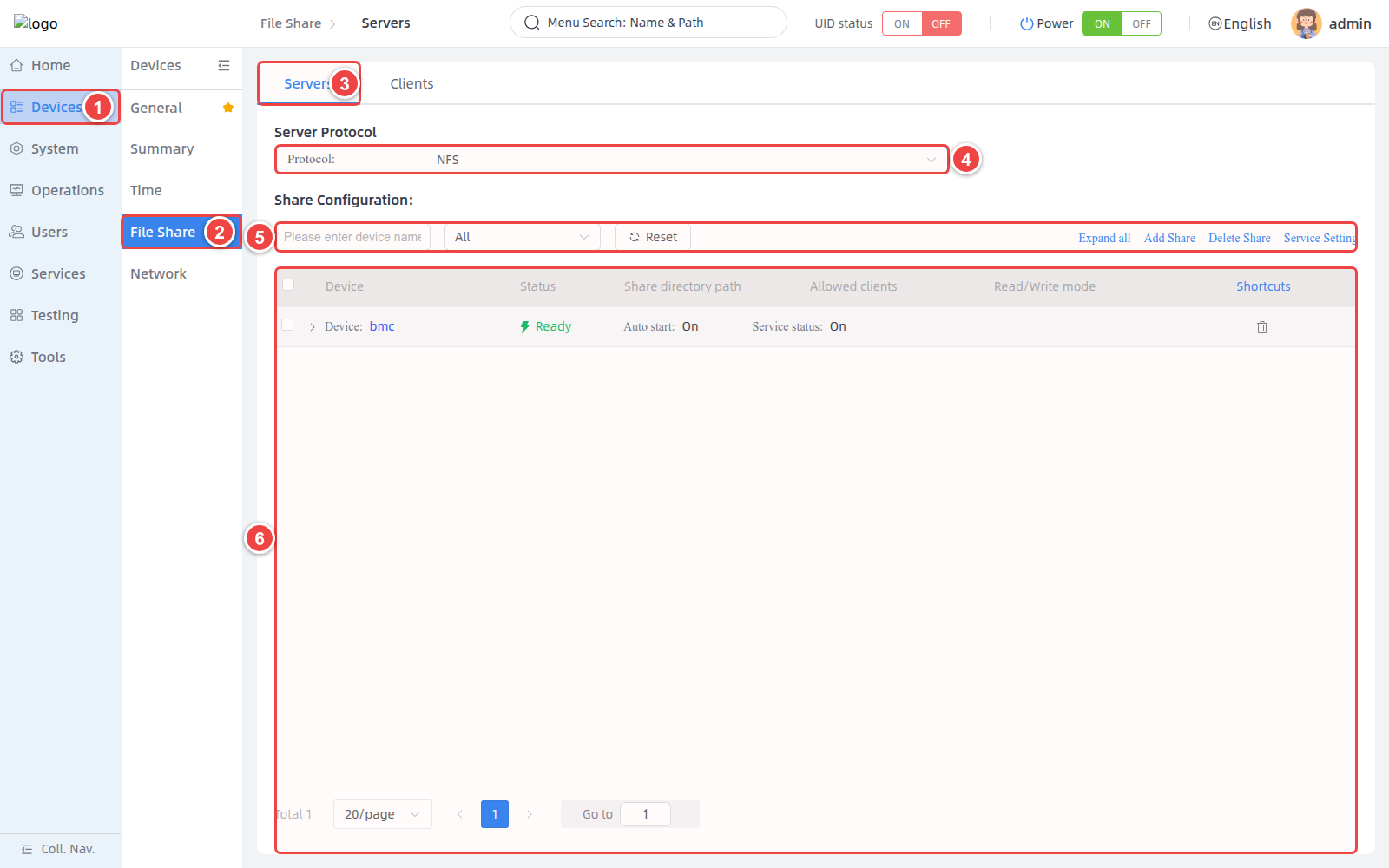 Open the file share server page