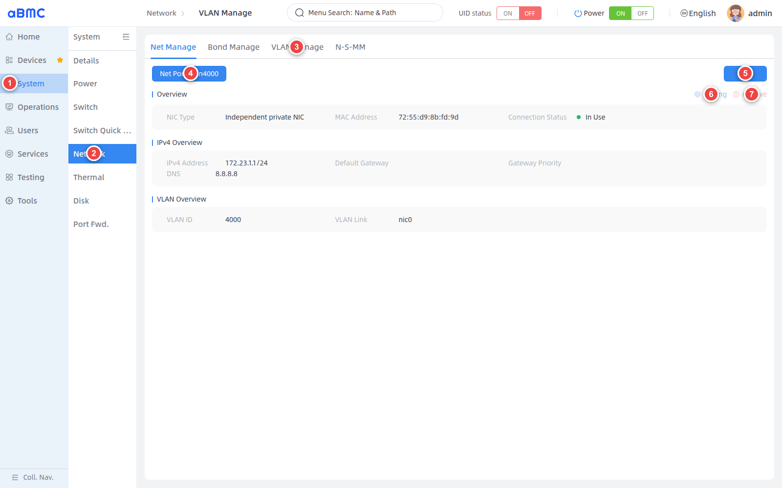 Open VLAN Manage: 1 select System, 2 select Network, 3 select VLAN Manage, 4 select the VLAN, 5 add, 6 modify, 7 delete