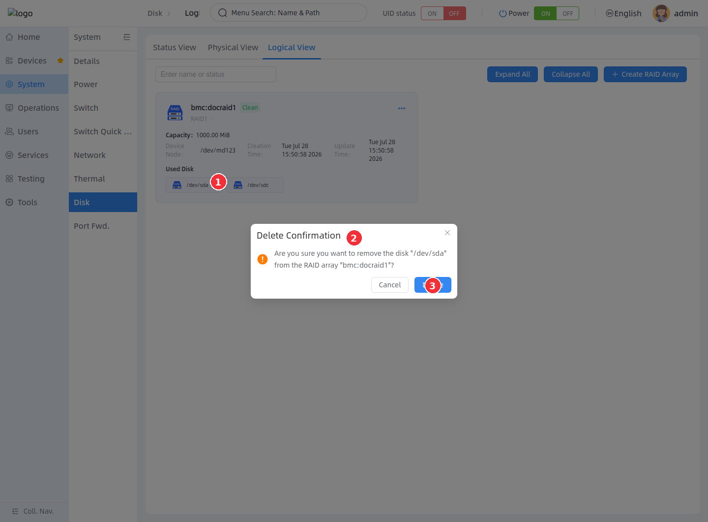 Delete a RAID member disk