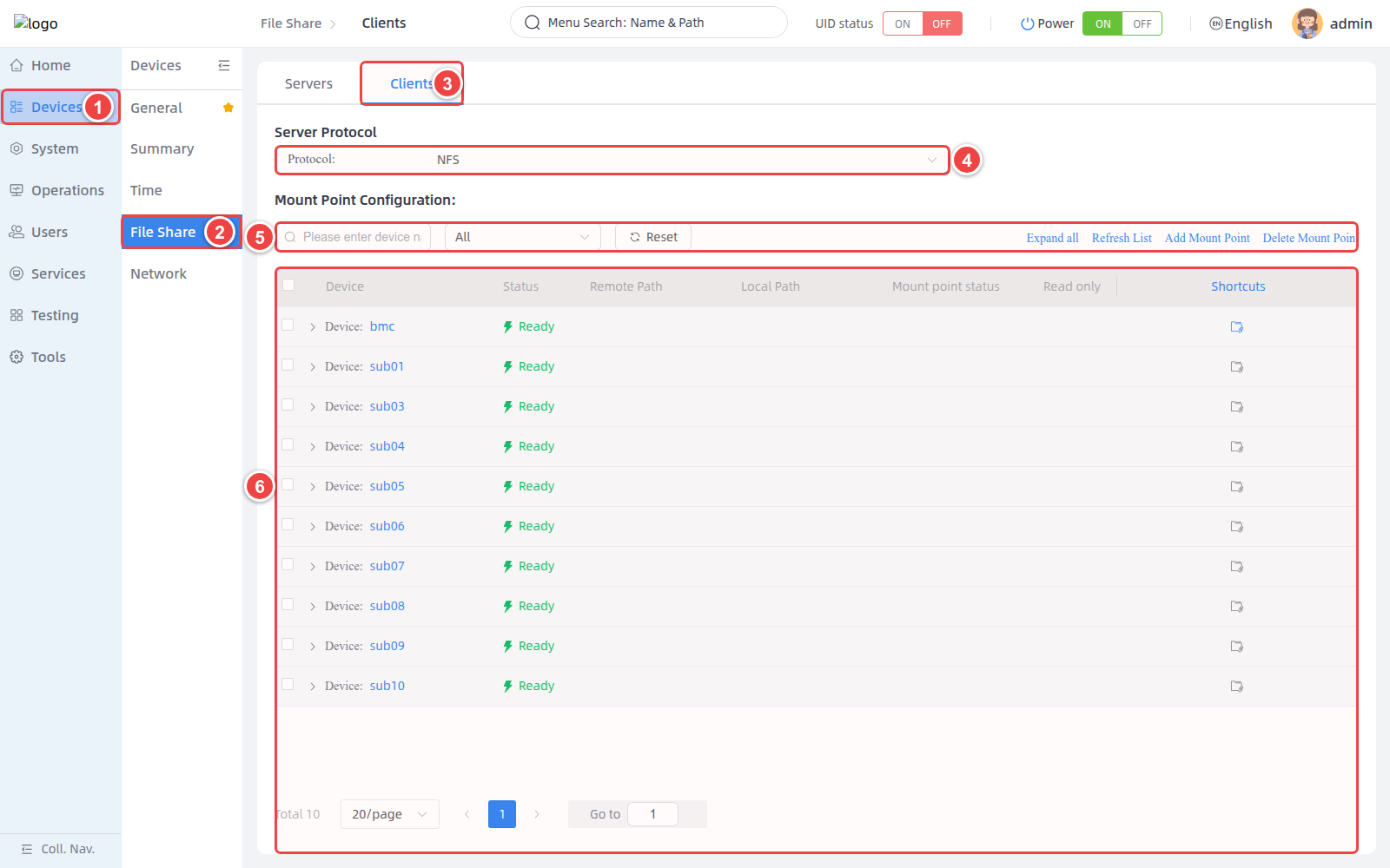 Open the file share client page