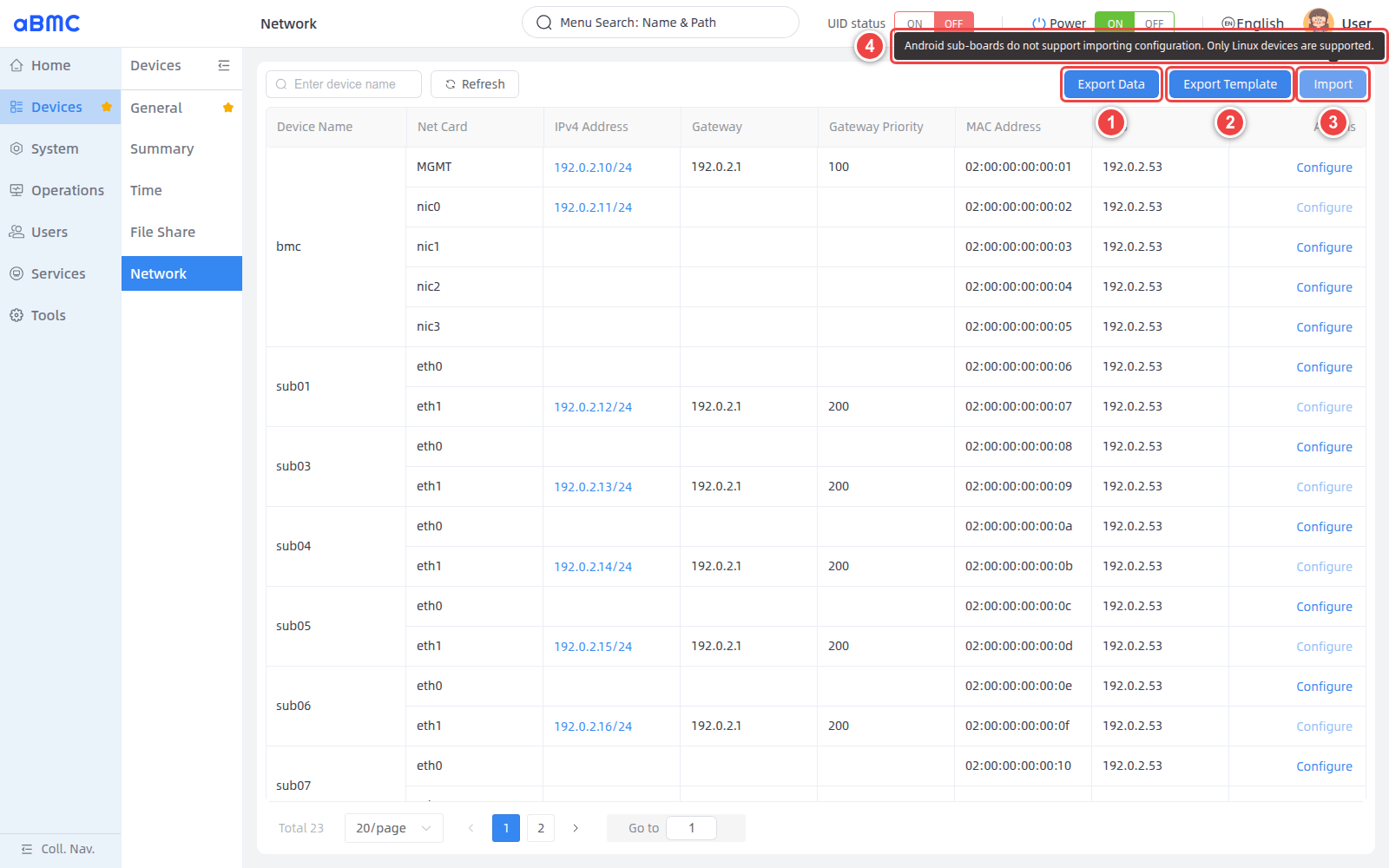 File operations and import restrictions: 1 Export Data, 2 Export Template, 3 Import, 4 Android sub-boards do not support import and only Linux devices are supported