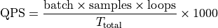 \text{QPS} = \frac{\text{batch} \times \text{samples} \times \text{loops}}{T_\text{total}} \times 1000